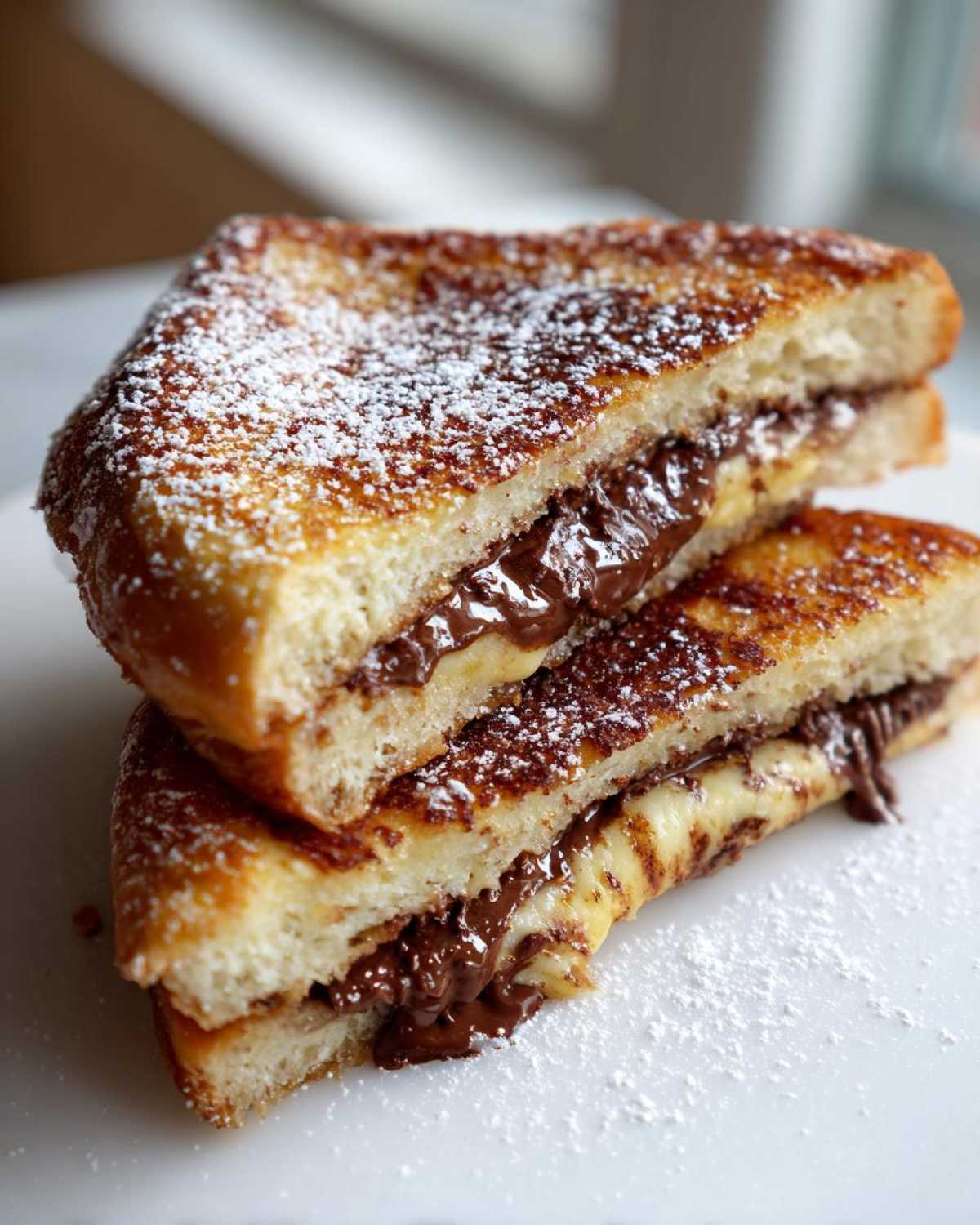Two halves of Chocolate Chip Brioche Toast stacked, showing melted chocolate filling and powdered sugar dusting.