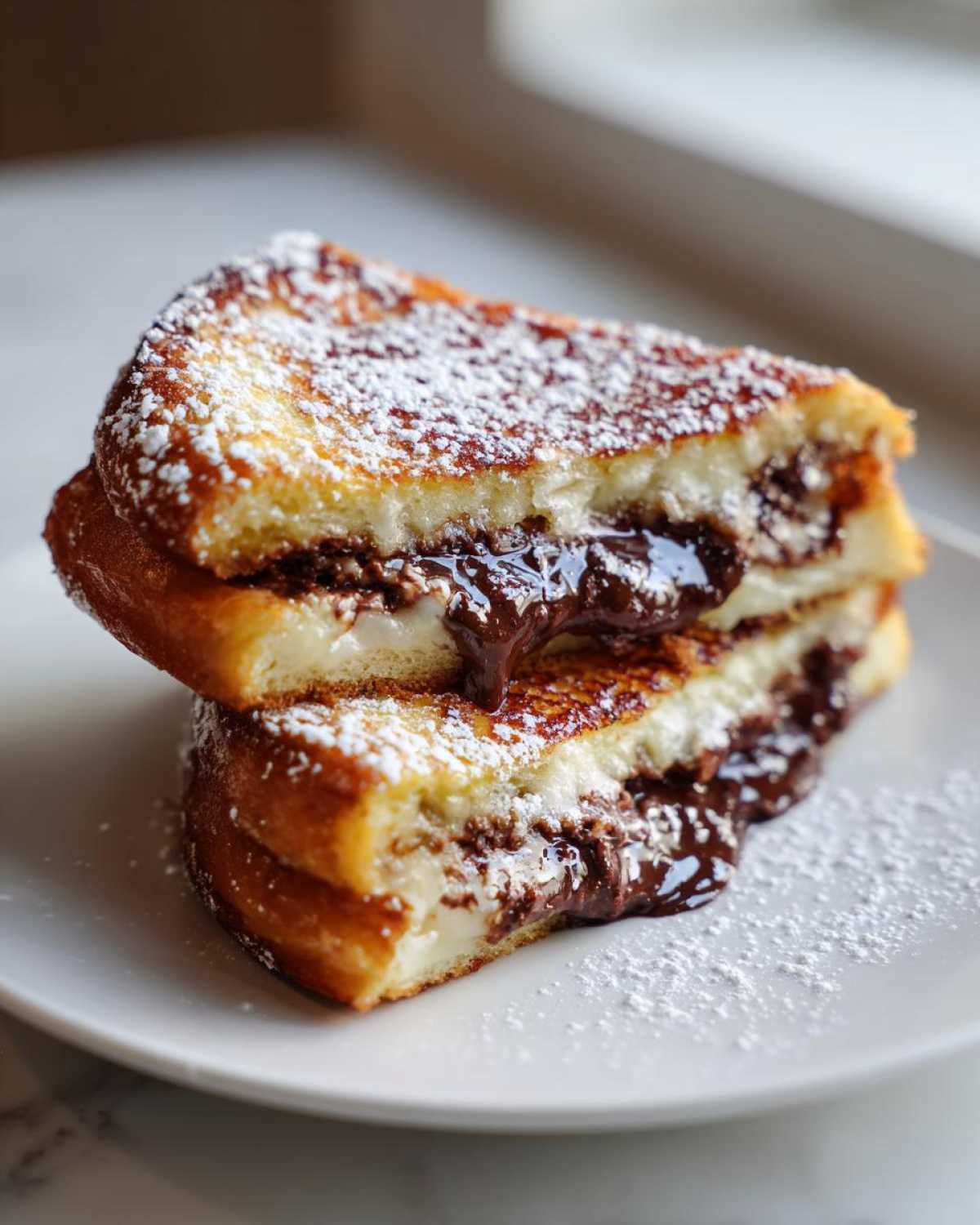 Two halves of Chocolate Chip Brioche Toast stacked, oozing melted chocolate filling and dusted with powdered sugar.