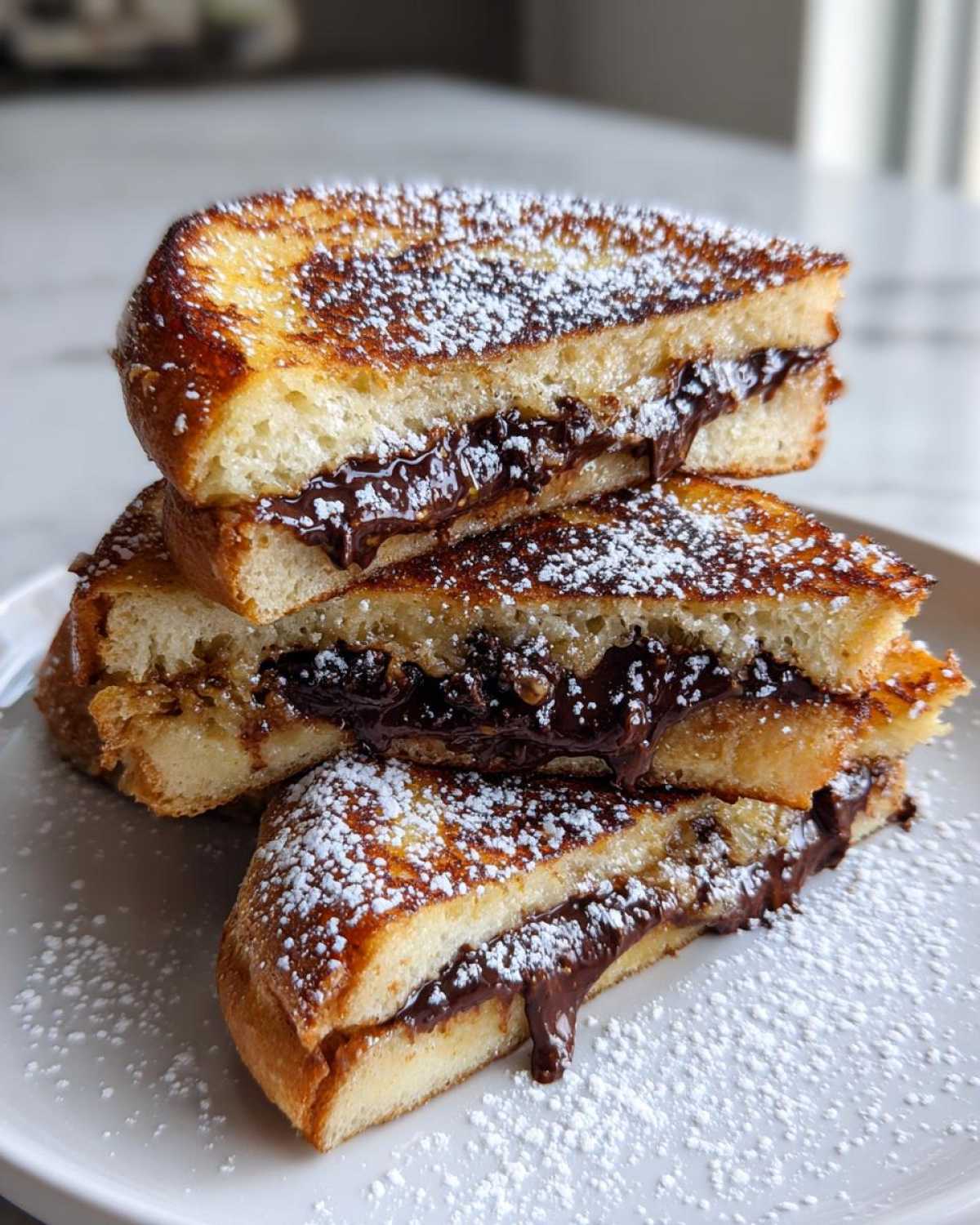 Stack of three halves of Chocolate Chip Brioche Toast filled with melted chocolate and dusted heavily with powdered sugar.