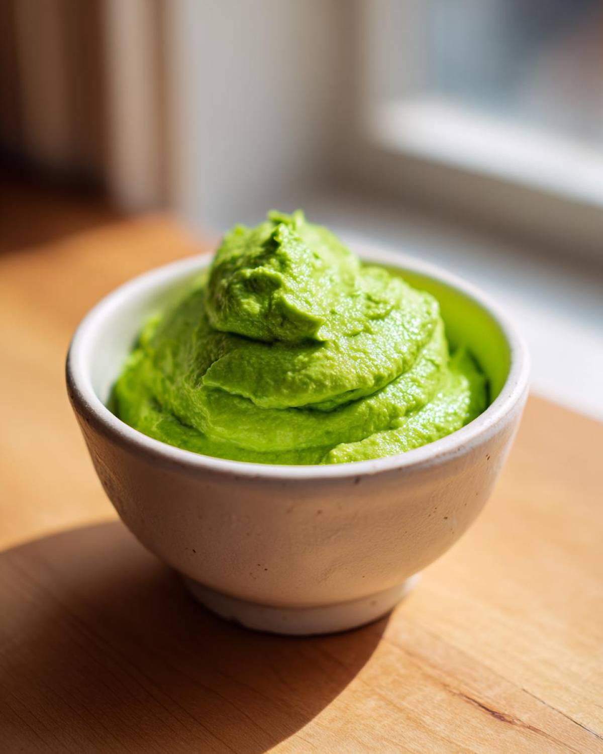 A small, rustic white bowl filled with bright green, smooth Cilantro Lime Crema, sitting on a wooden surface near a window.