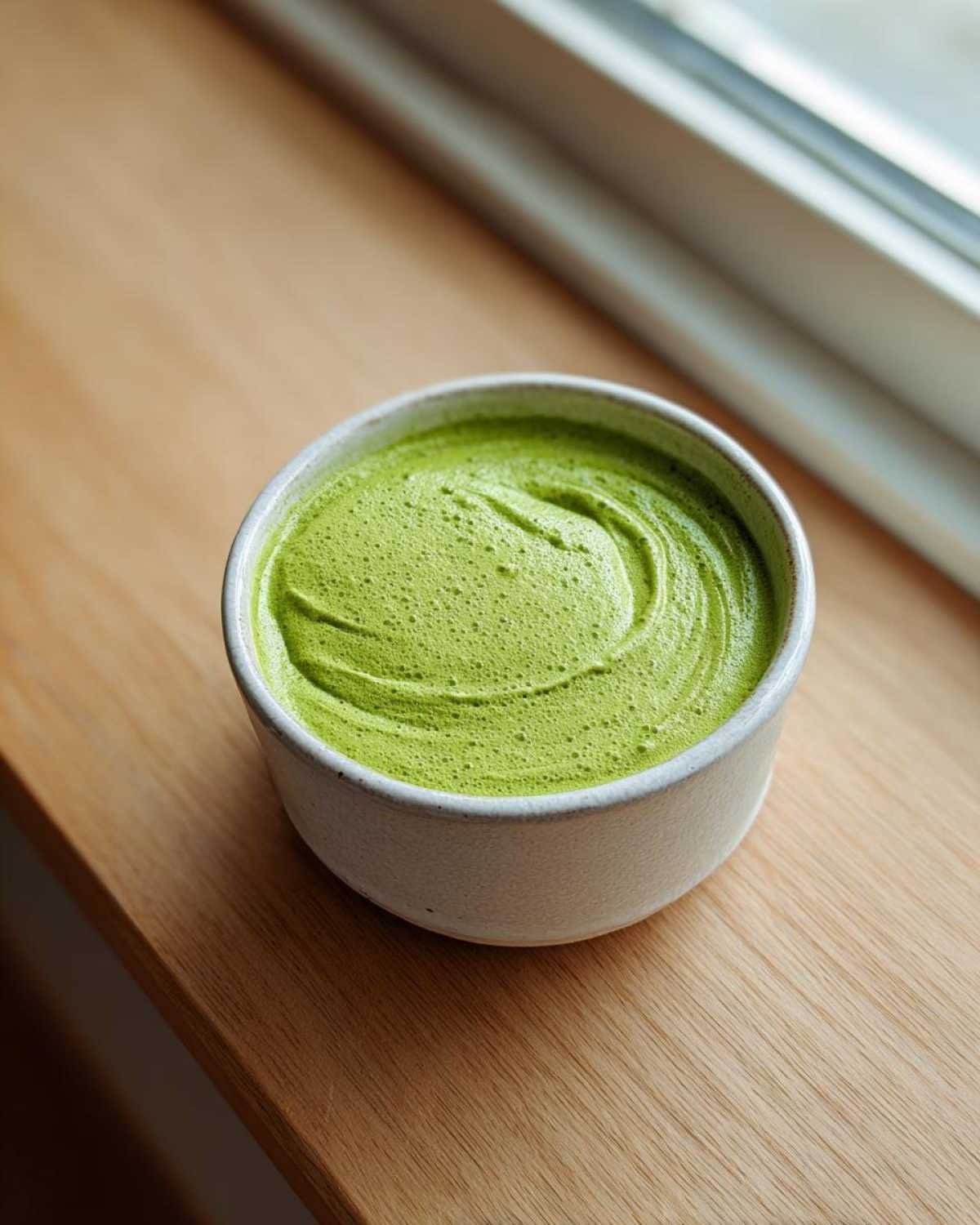 A small white bowl filled with bright green, foamy Cilantro Lime Crema, resting on a wooden surface near a window.