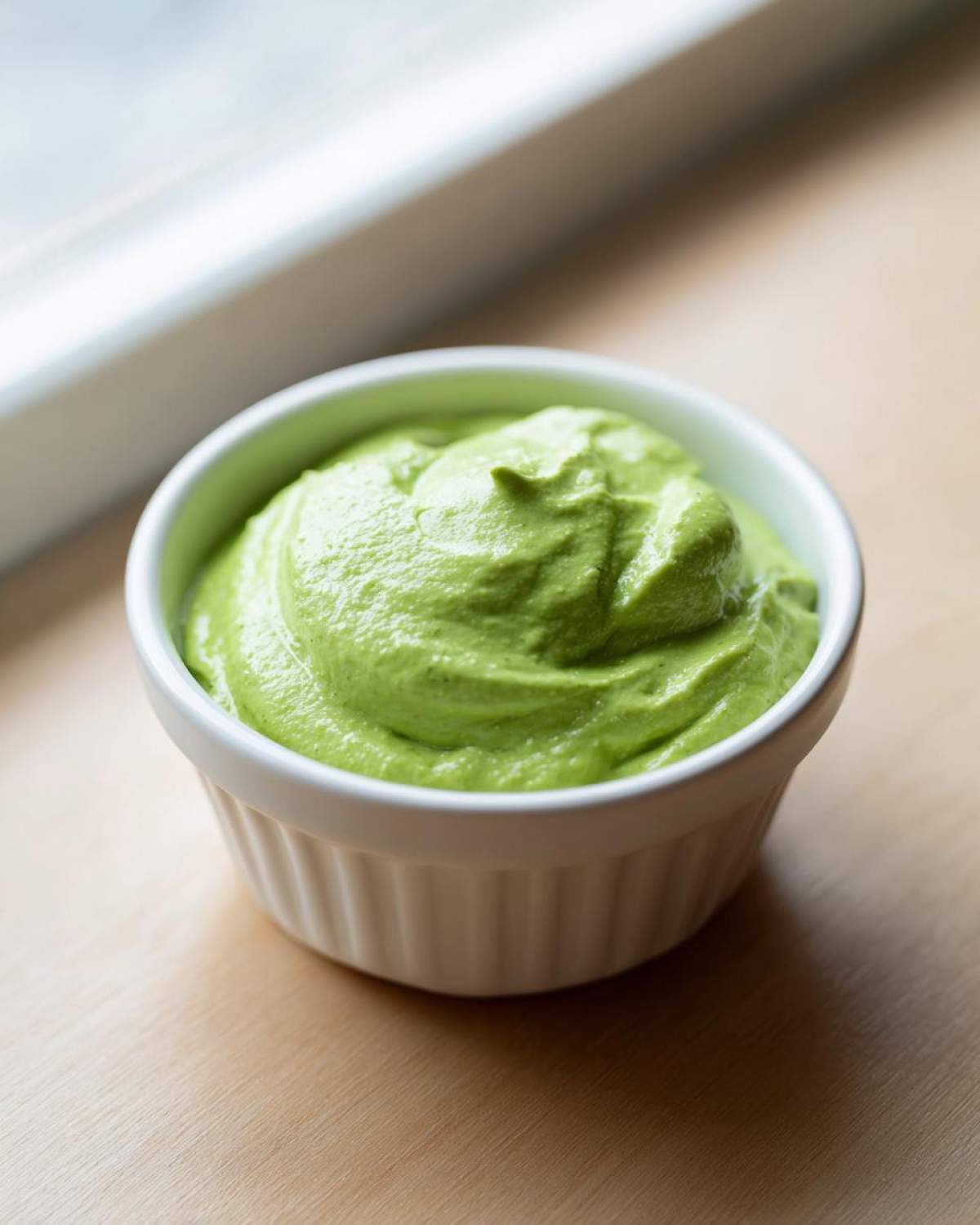 A small white ramekin filled with thick, bright green Cilantro Lime Crema, set on a light wooden surface near a window.