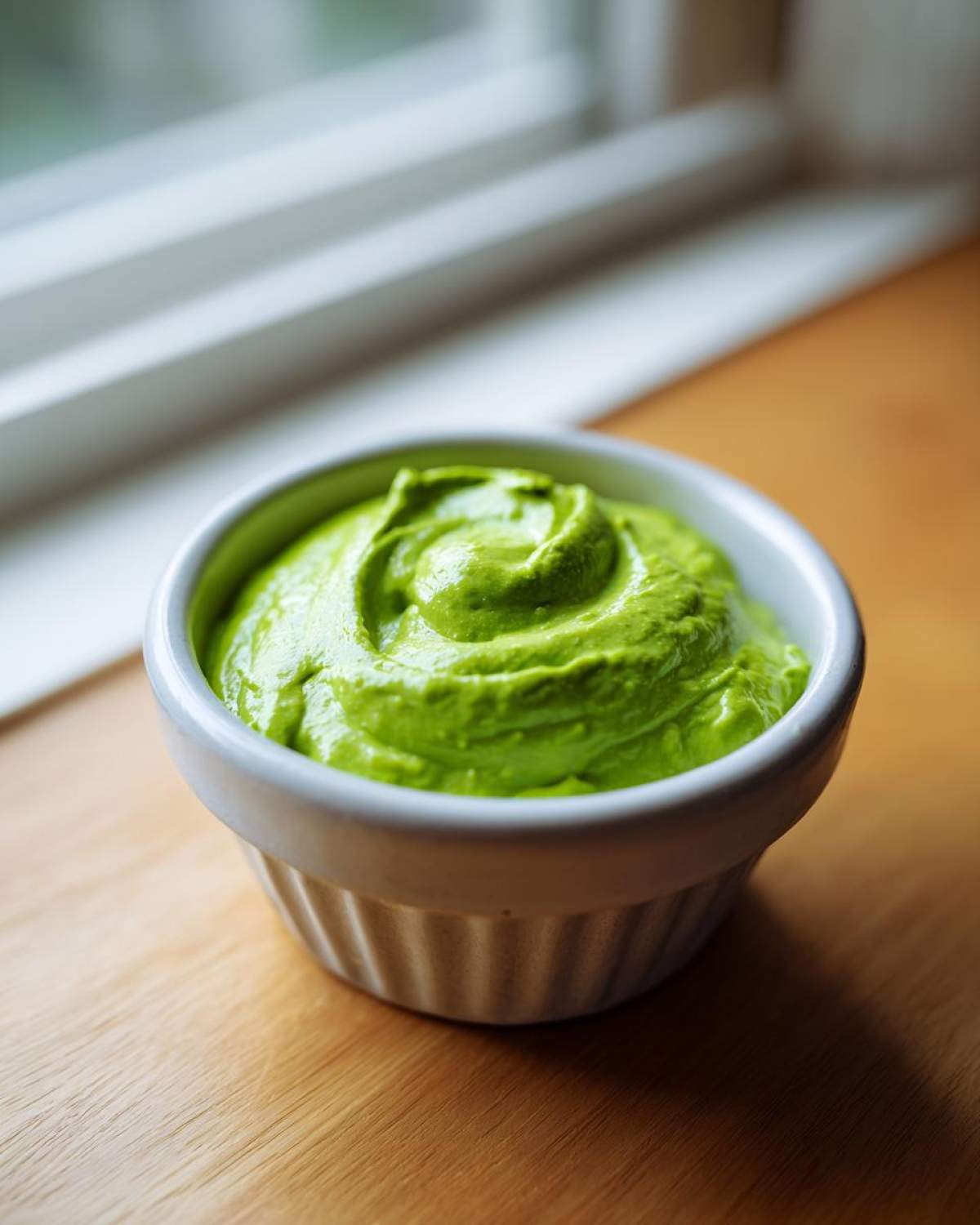 A small white ramekin filled with bright green Cilantro Lime Crema, sitting on a wooden surface near a window.