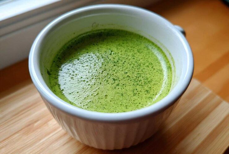 Close-up of vibrant green Cilantro Lime Crema with fine bubbles in a white bowl, sitting on a wooden surface.