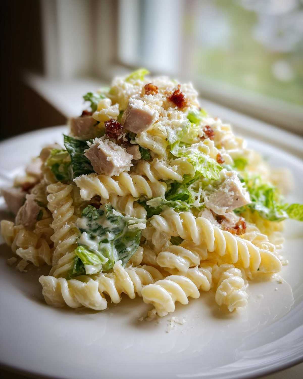 A close-up of a serving of Cold Chicken Caesar Pasta Salad featuring fusilli pasta, chicken chunks, romaine lettuce, and grated Parmesan.