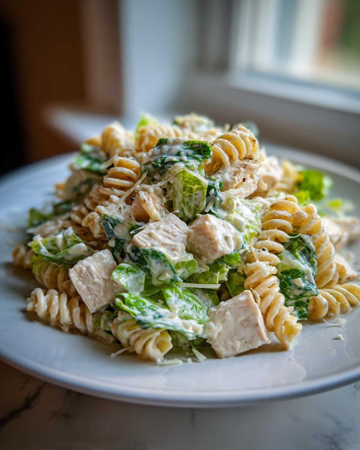 A close-up of Cold Chicken Caesar Pasta Salad featuring rotini pasta, chunks of chicken, romaine lettuce, and creamy Caesar dressing.