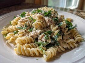 A close-up of Cold Chicken Caesar Pasta Salad featuring rotini pasta, shredded chicken, greens, and Parmesan cheese.
