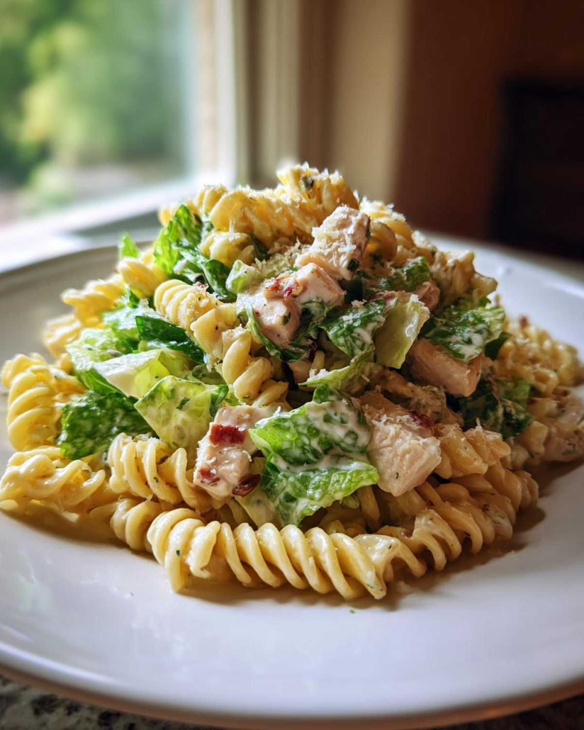 A close-up of a mound of Cold Chicken Caesar Pasta Salad featuring fusilli pasta, chopped chicken, romaine lettuce, and creamy dressing.