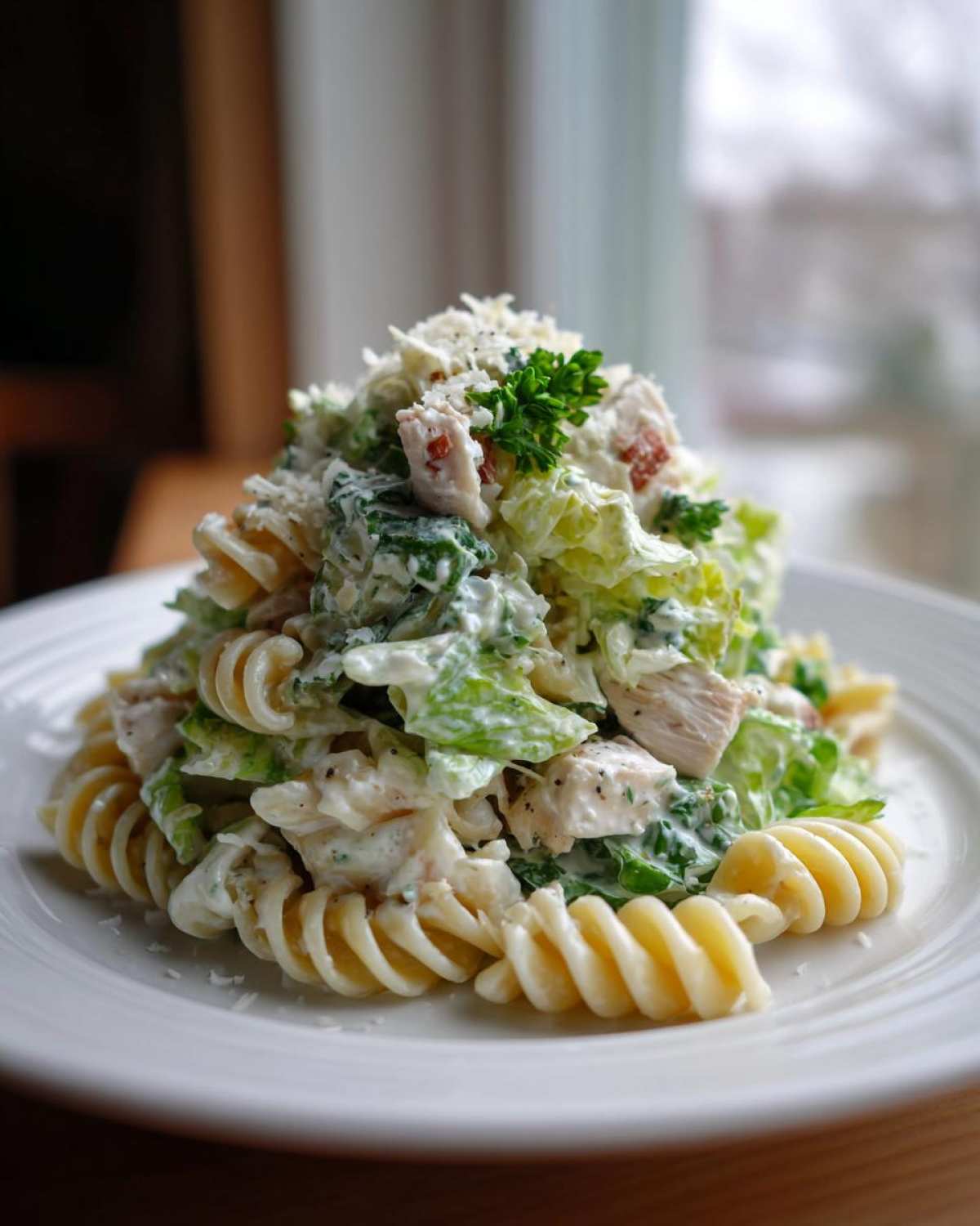 A mound of Cold Chicken Caesar Pasta Salad featuring fusilli pasta, chopped chicken, and creamy dressing, topped with Parmesan.