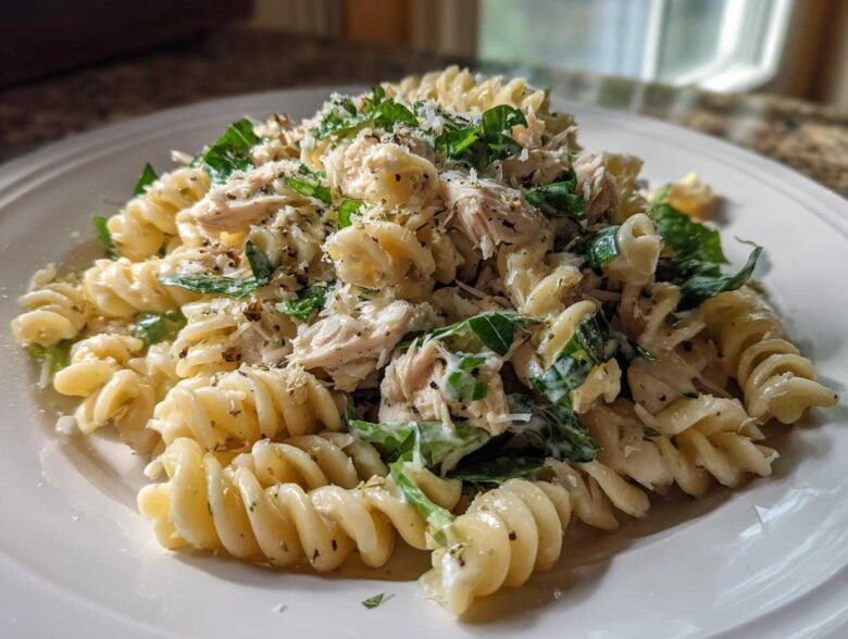 A close-up of Cold Chicken Caesar Pasta Salad featuring rotini pasta, shredded chicken, greens, and Parmesan cheese.