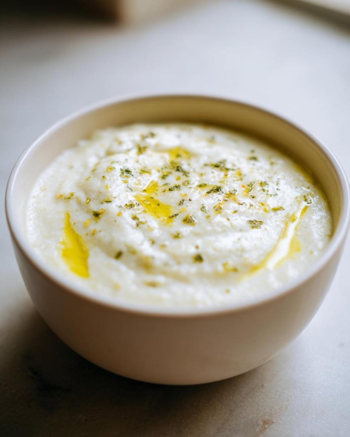 A close-up of creamy Roasted Garlic White Bean Soup, drizzled with olive oil and sprinkled with herbs.