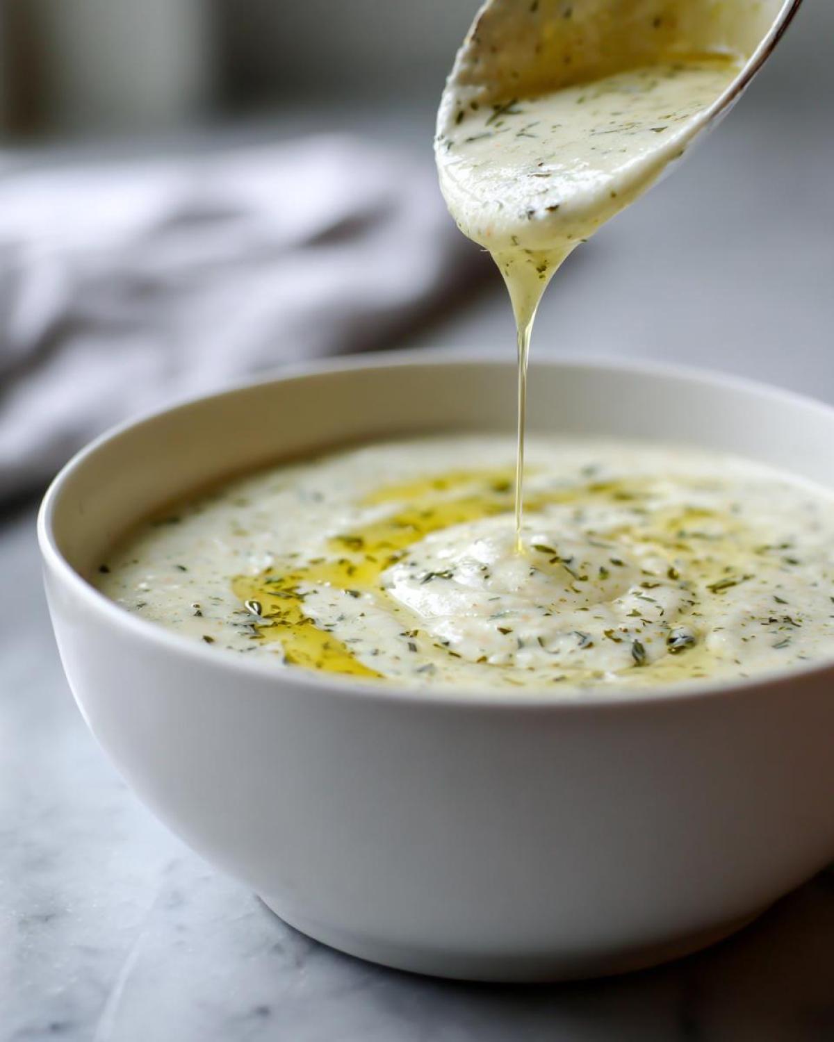 A spoonful of creamy Roasted Garlic White Bean Soup is being drizzled back into the bowl, topped with olive oil and herbs.