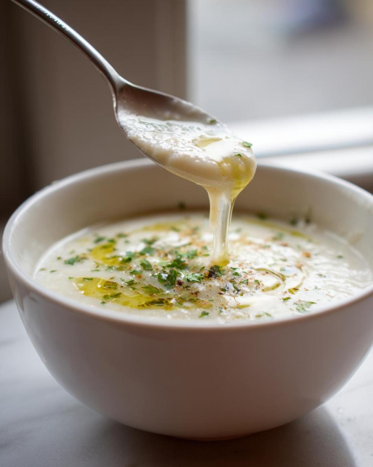 A spoonful of creamy Roasted Garlic White Bean Soup is lifted from a white bowl, showing the thick texture and olive oil drizzle.