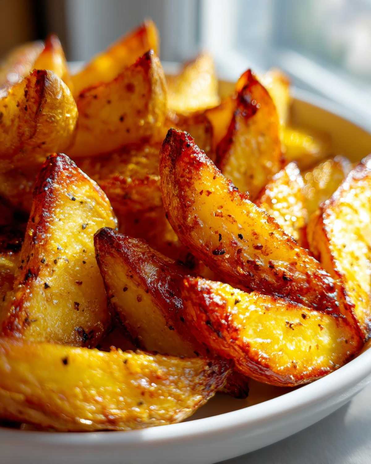 Close-up of golden, crispy Greek Lemon Potatoes with Oregano wedges in a white bowl.