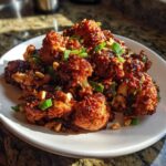 A close-up of crispy, glazed Kung Pao Cauliflower garnished with chopped peanuts and green onions.