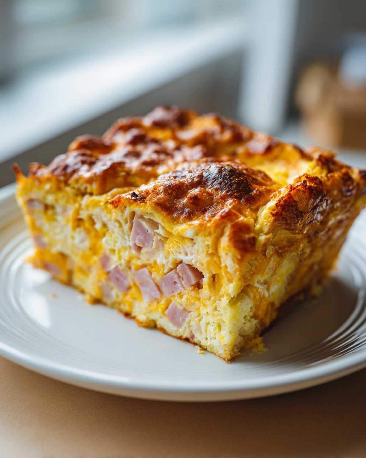 A golden-brown slice of Croissant Ham Breakfast Casserole showing layers of egg, cheese, and diced ham.