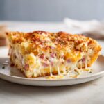 A gooey, cheesy slice of Croissant Ham Breakfast Casserole with visible ham pieces and a golden crust.