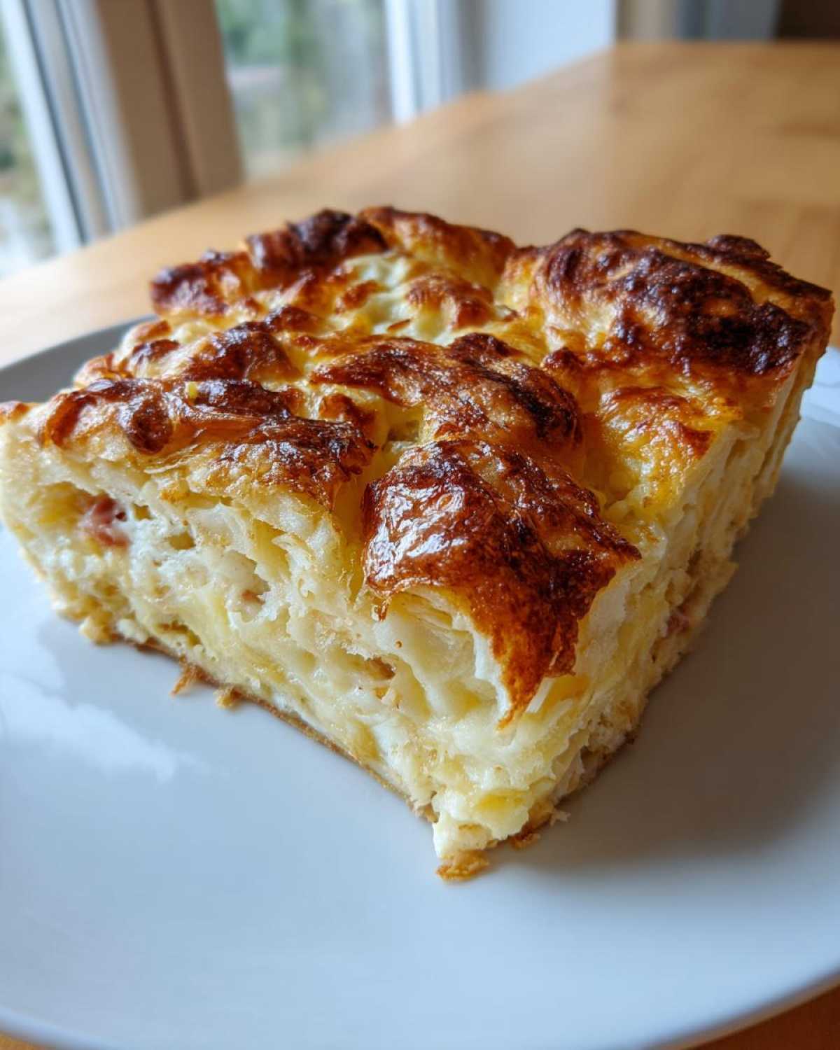 A square slice of Croissant Ham Breakfast Casserole showing flaky layers and a golden-brown, cheesy top.