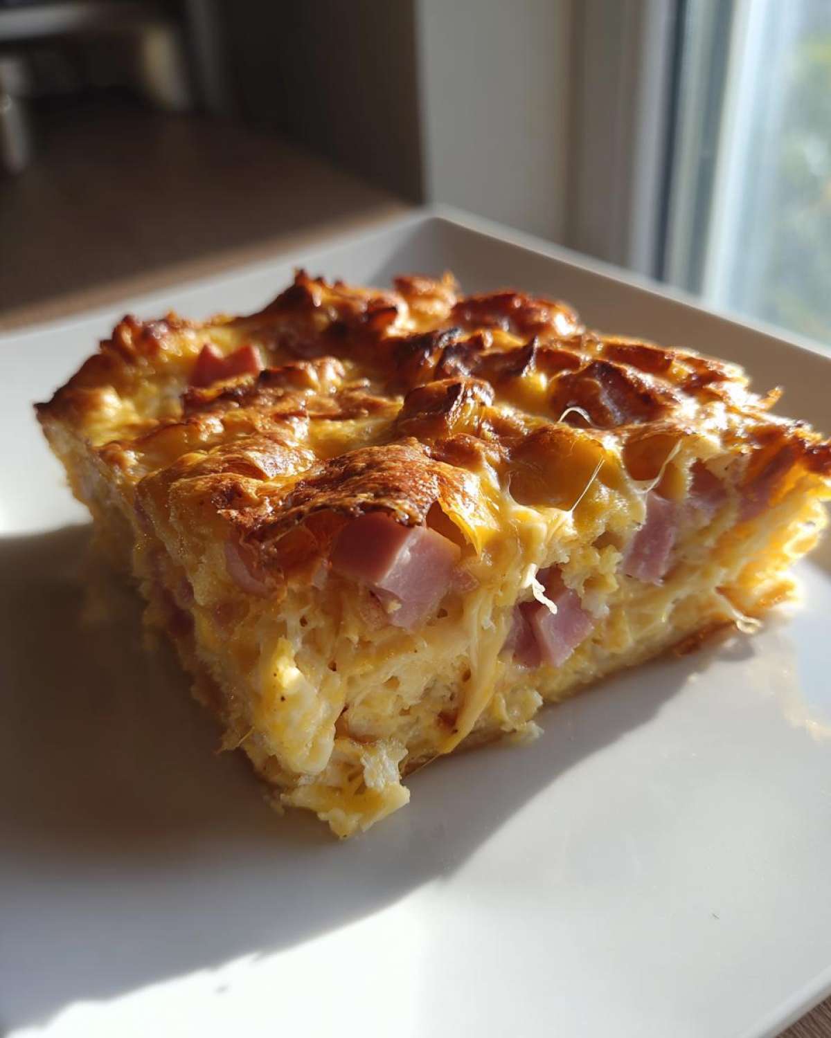 A close-up slice of golden-brown Croissant Ham Breakfast Casserole showing chunks of ham and melted cheese.