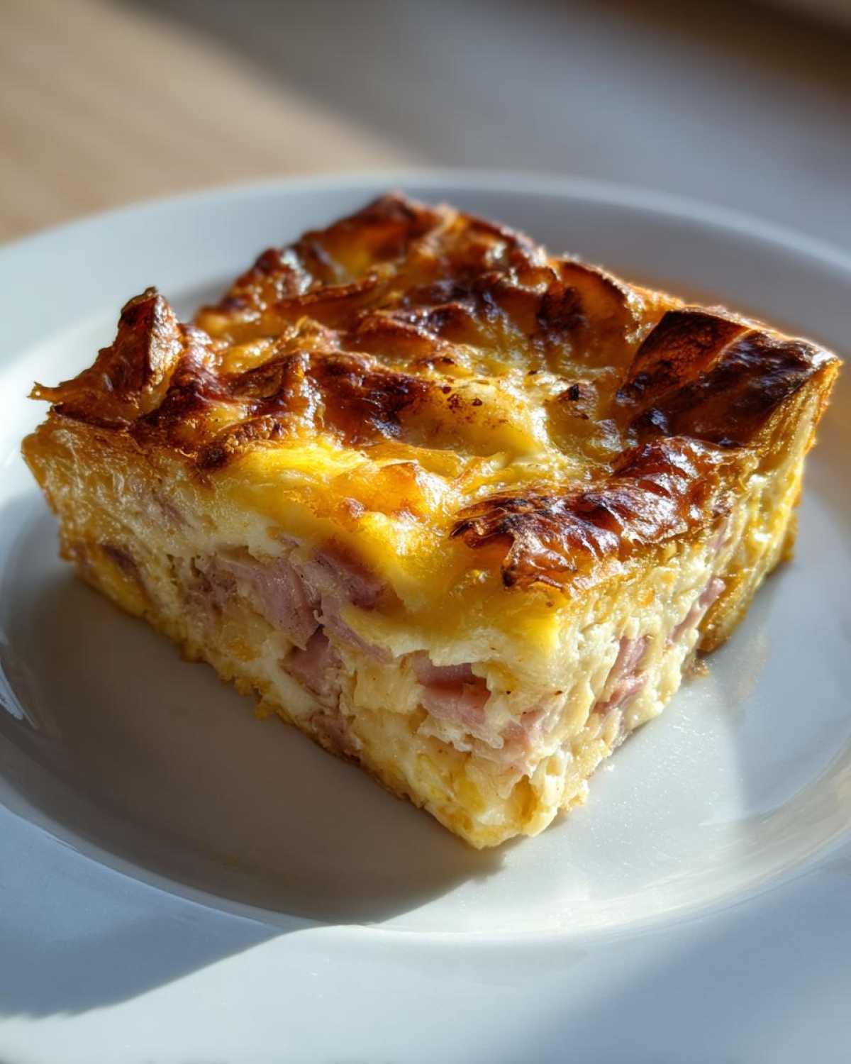 A golden-brown square slice of Croissant Ham Breakfast Casserole showing layers of ham and egg filling.