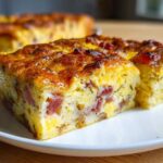 Two golden-brown squares of Croissant Ham Breakfast Casserole with visible ham pieces, served on a white plate.