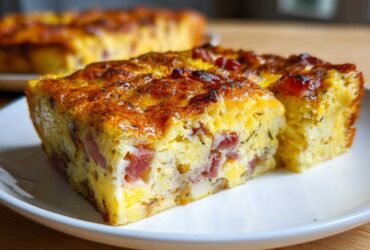 Two golden-brown squares of Croissant Ham Breakfast Casserole with visible ham pieces, served on a white plate.