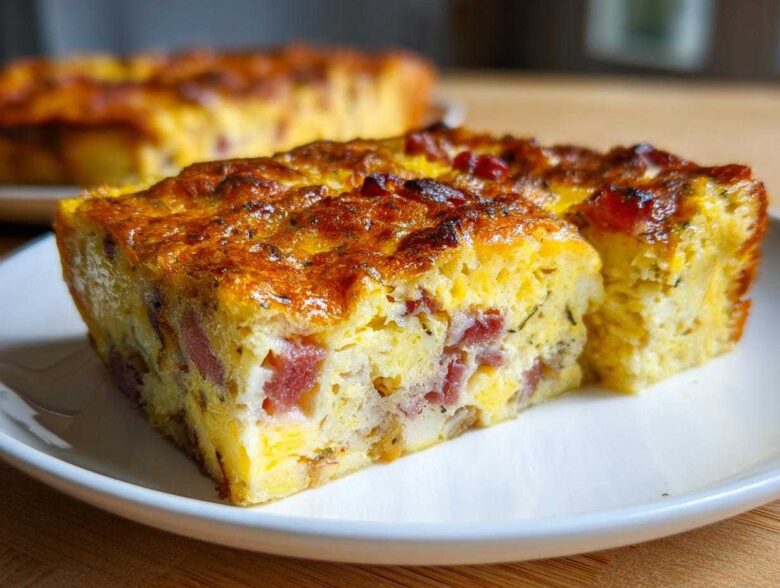Two golden-brown squares of Croissant Ham Breakfast Casserole with visible ham pieces, served on a white plate.
