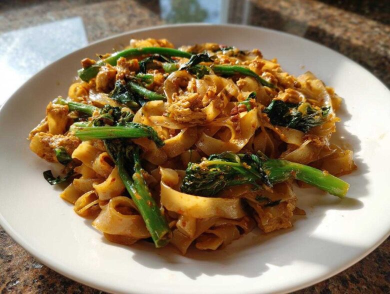 A close-up of a serving of Drunken Noodles Pad Kee Mao featuring wide rice noodles, green vegetables, and savory sauce on a white plate.
