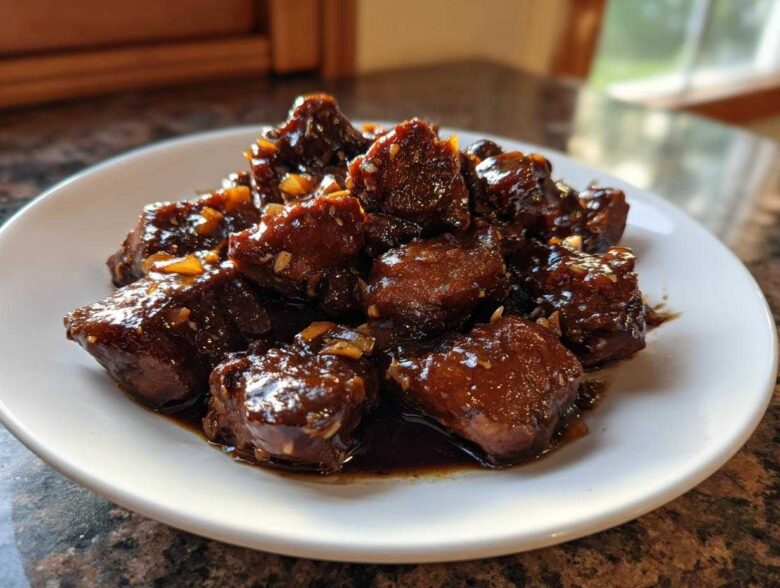 Close-up of tender, dark, glazed pieces of Filipino Chicken Adobo served on a white plate.