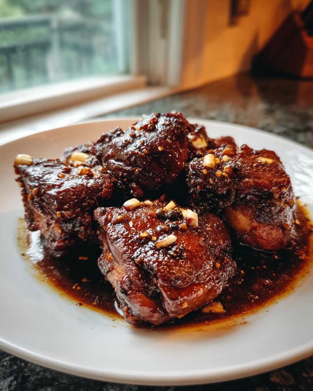 Close-up of glossy, dark brown pieces of Filipino Chicken Adobo swimming in sauce, topped with garlic.