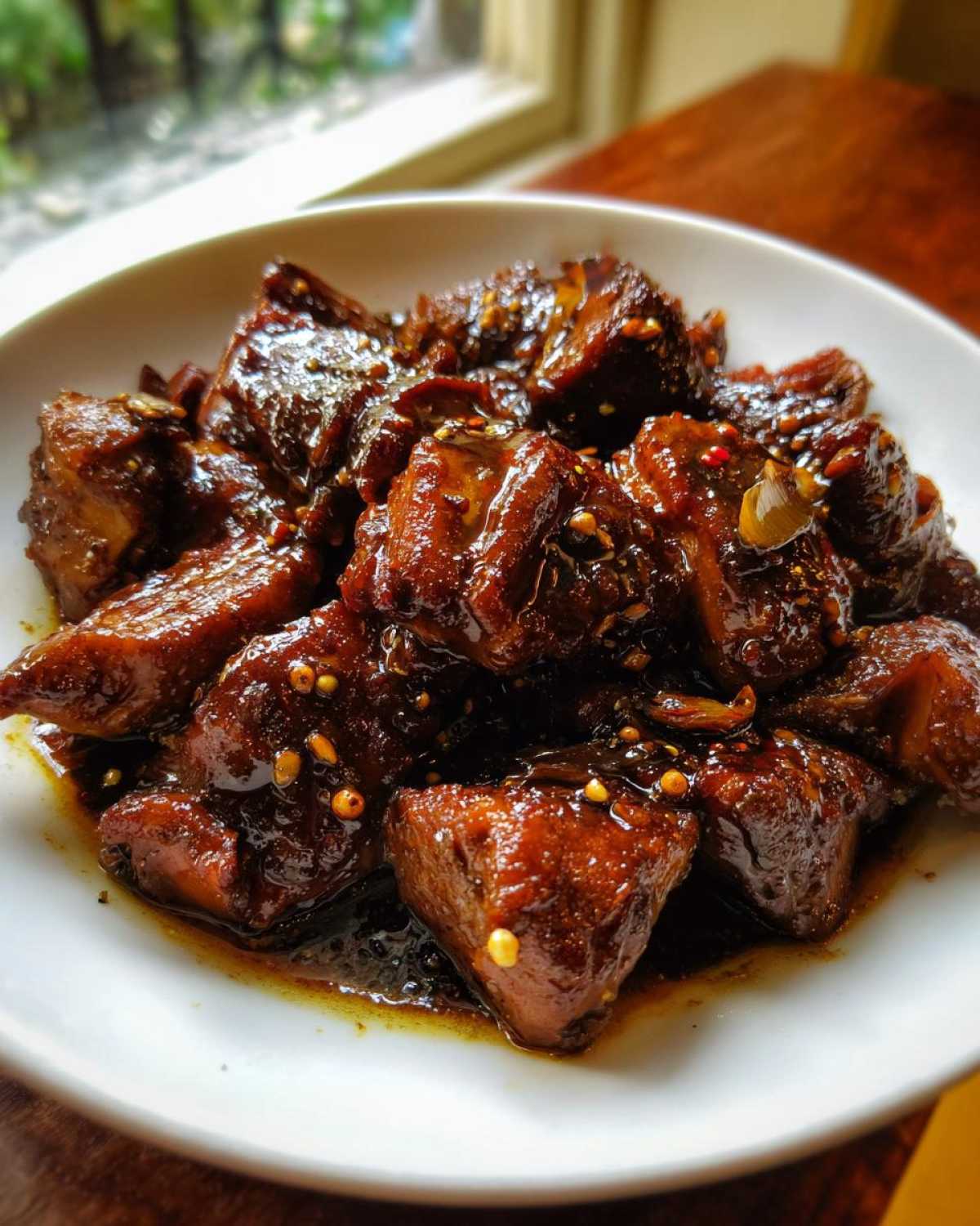 Close-up of tender, dark brown pieces of Filipino Chicken Adobo coated in a rich, glossy sauce with visible chili flakes.