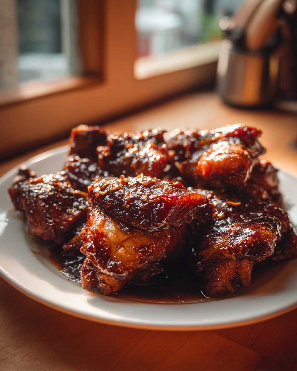 Close-up of rich, dark, glazed pieces of Filipino Chicken Adobo served on a white plate.