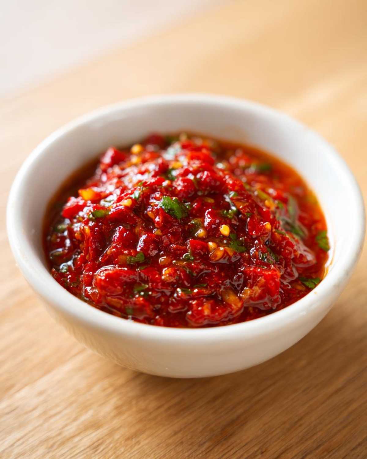 Close-up of vibrant, chunky Fire-Roasted Tomato Salsa Roja with visible herbs and seeds in a small white bowl.