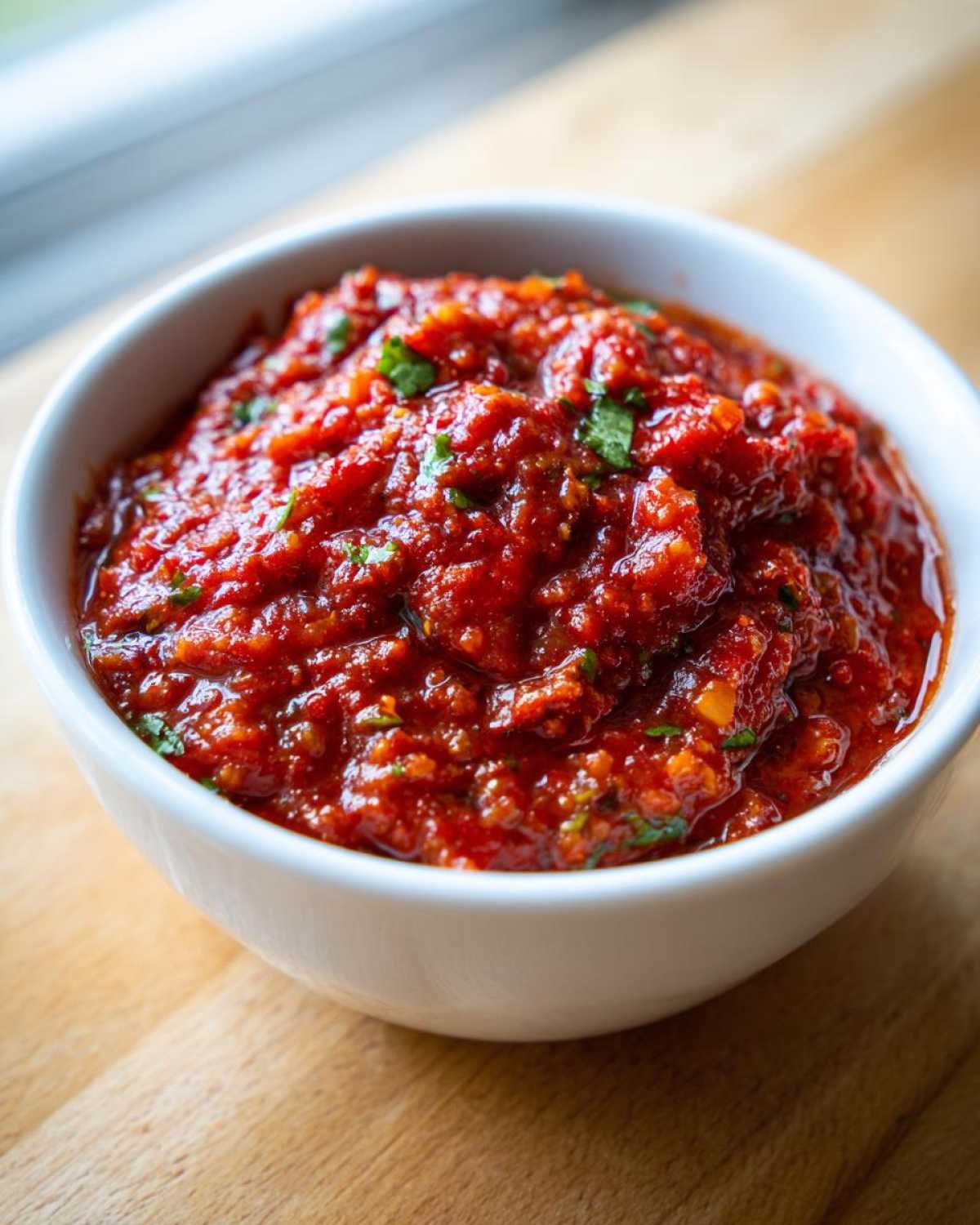 A close-up of vibrant, chunky Fire-Roasted Tomato Salsa Roja garnished with fresh cilantro in a white bowl.