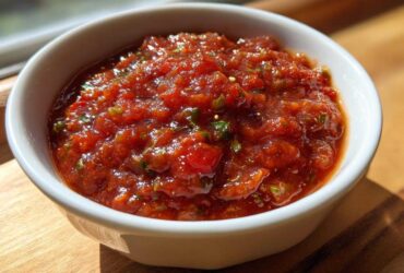 Close-up of vibrant, chunky Fire-Roasted Tomato Salsa Roja served in a small white bowl.