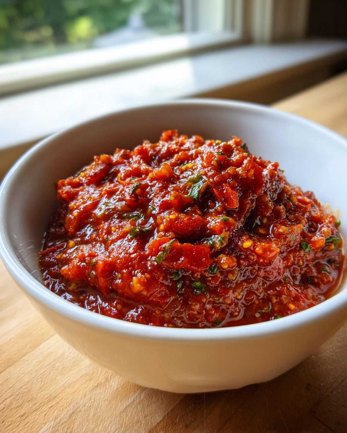 A close-up of vibrant, chunky Fire-Roasted Tomato Salsa Roja speckled with green herbs, served in a white bowl.