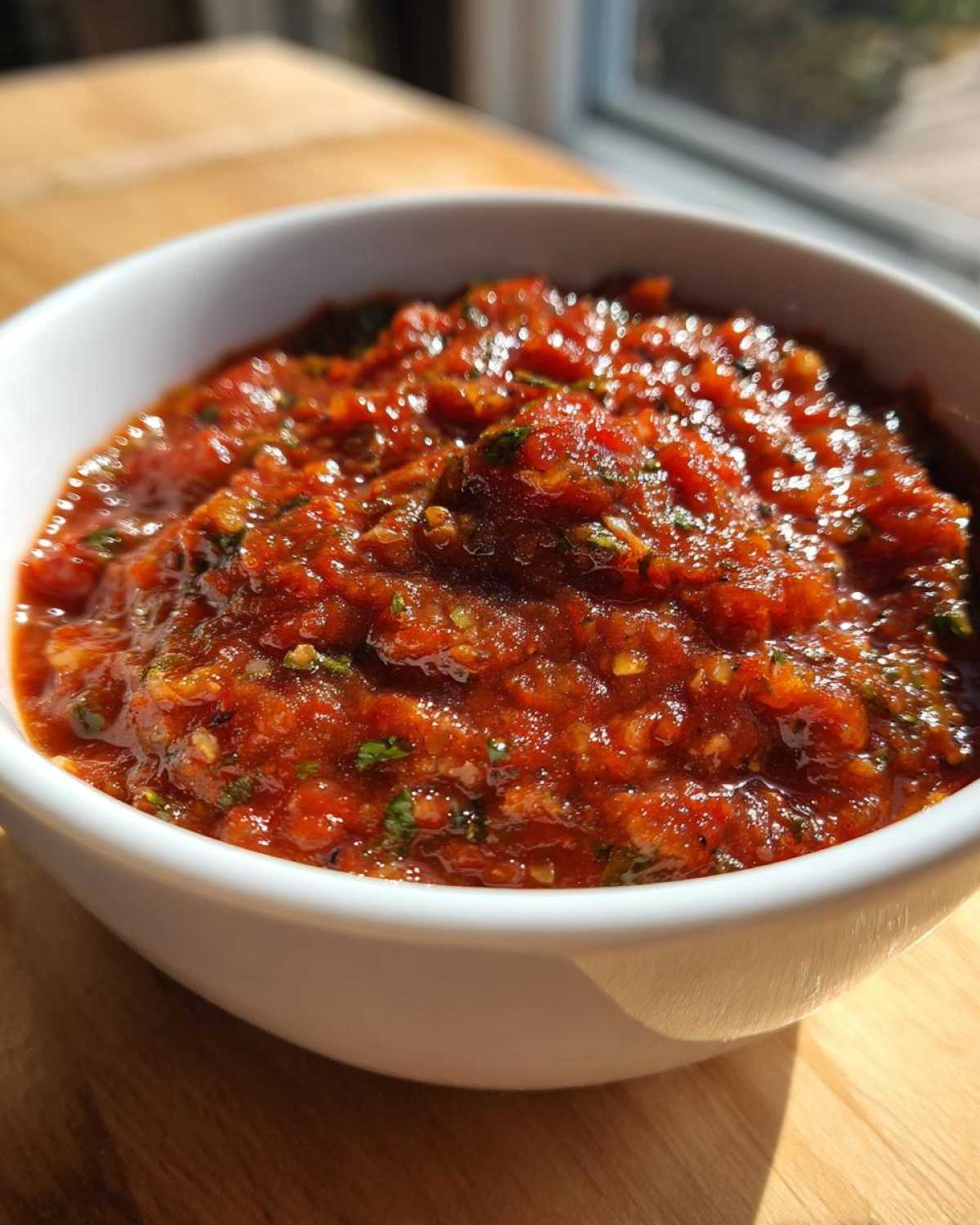 Close-up shot of chunky, vibrant red Fire-Roasted Tomato Salsa Roja speckled with green herbs in a white bowl.