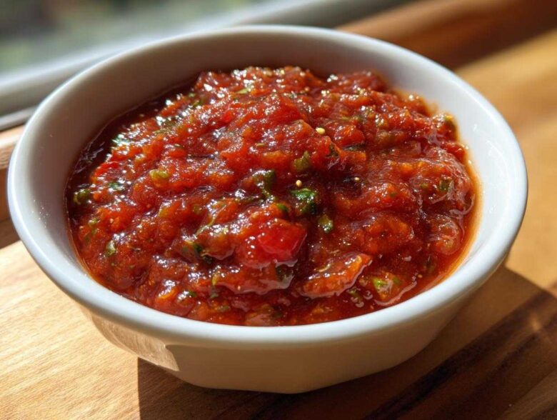 Close-up of vibrant, chunky Fire-Roasted Tomato Salsa Roja served in a small white bowl.