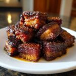 A mound of perfectly caramelized Five-Spice Pork Belly Bites stacked on a white plate, glistening with glaze.