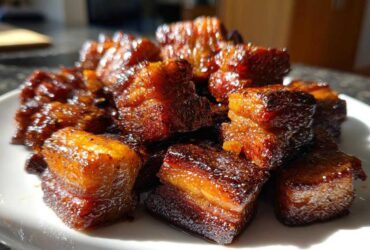 A close-up of glistening, caramelized Five-Spice Pork Belly Bites stacked on a white plate, catching the sunlight.