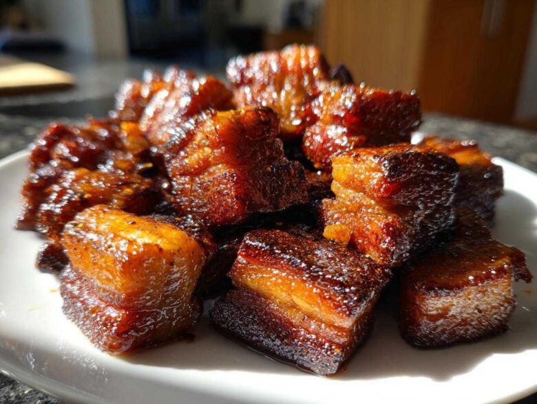 A close-up of glistening, caramelized Five-Spice Pork Belly Bites stacked on a white plate, catching the sunlight.