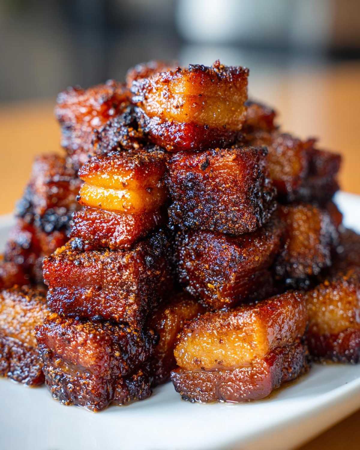 A close-up stack of perfectly caramelized Five-Spice Pork Belly Bites on a white plate.