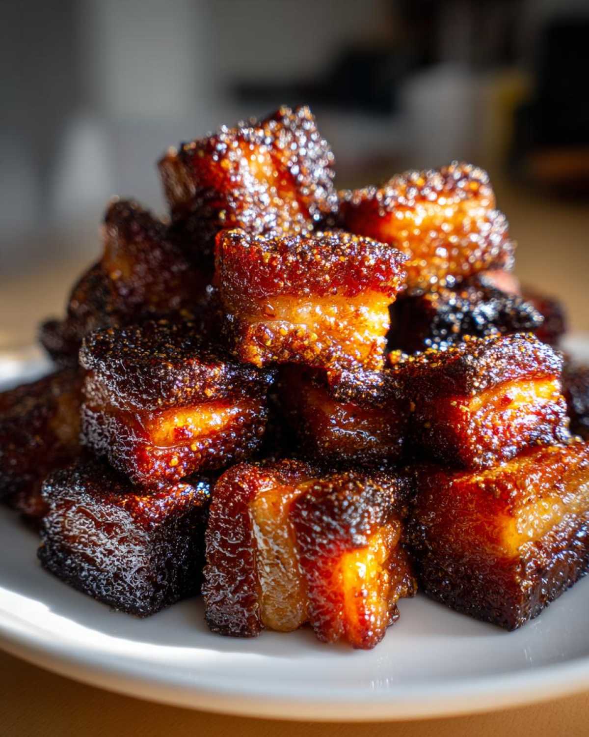 A close-up stack of glistening, caramelized Five-Spice Pork Belly Bites on a white plate.