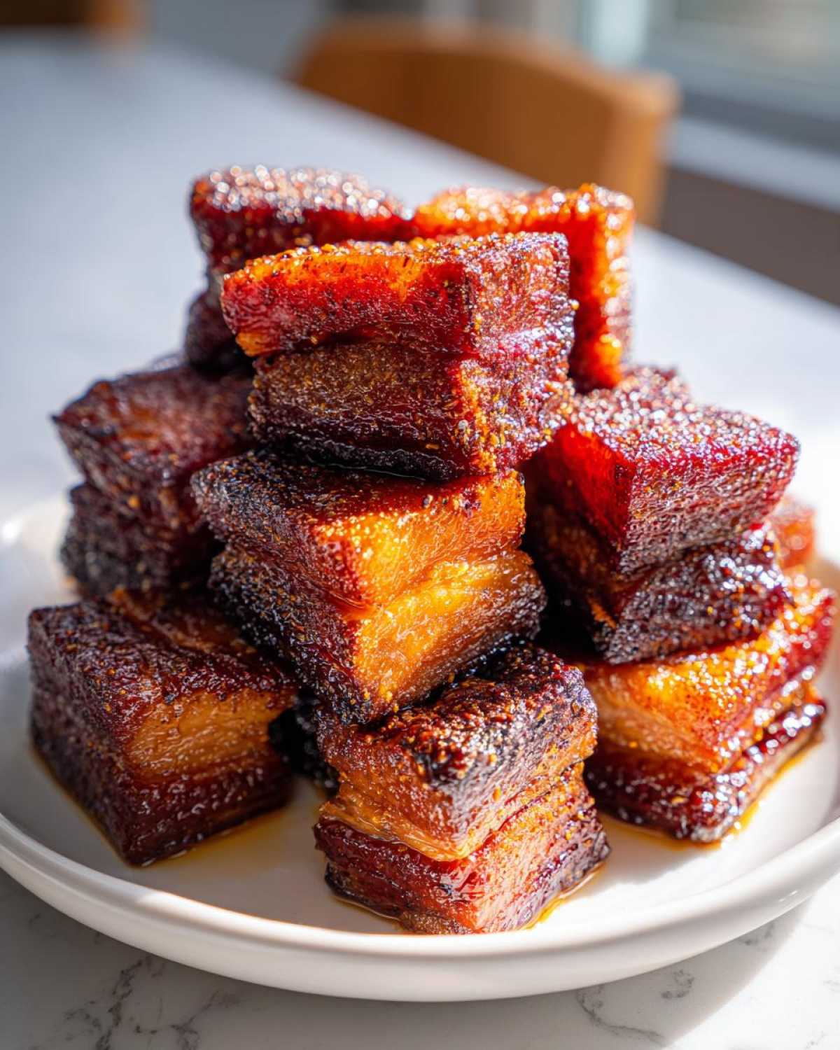 A tall stack of caramelized, glazed Five-Spice Pork Belly Bites piled high on a white plate.