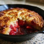 Close-up of a scoop taken out of a Fresh Strawberry Rhubarb Skillet Cobbler, showing bubbling red fruit filling.