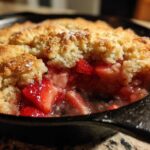 Close-up of a bubbling Fresh Strawberry Rhubarb Skillet Cobbler with a golden, crumbly topping.