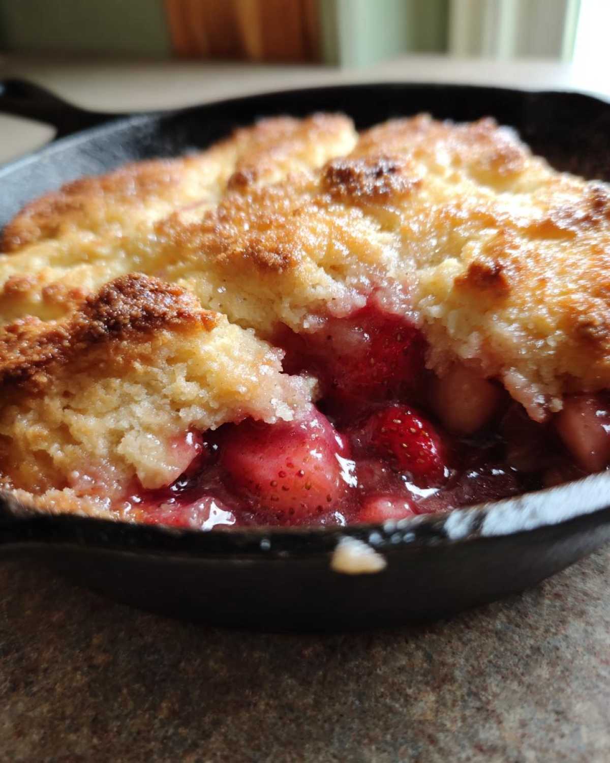 A close-up view showing the juicy filling and golden topping of a Fresh Strawberry Rhubarb Skillet Cobbler baked in a cast iron pan.