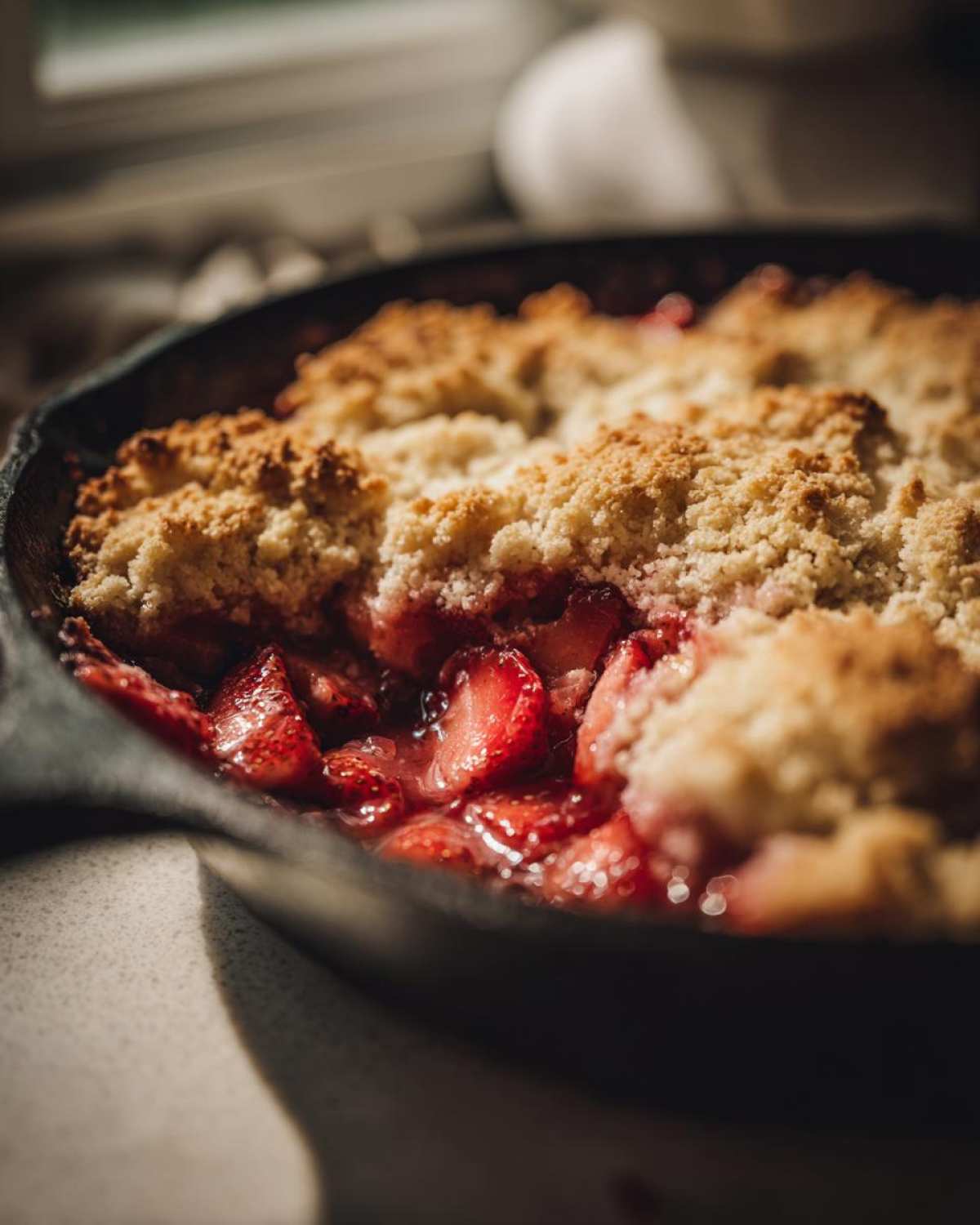 Close-up of bubbling, juicy strawberries and rhubarb under a golden crumble topping in a Fresh Strawberry Rhubarb Skillet Cobbler.