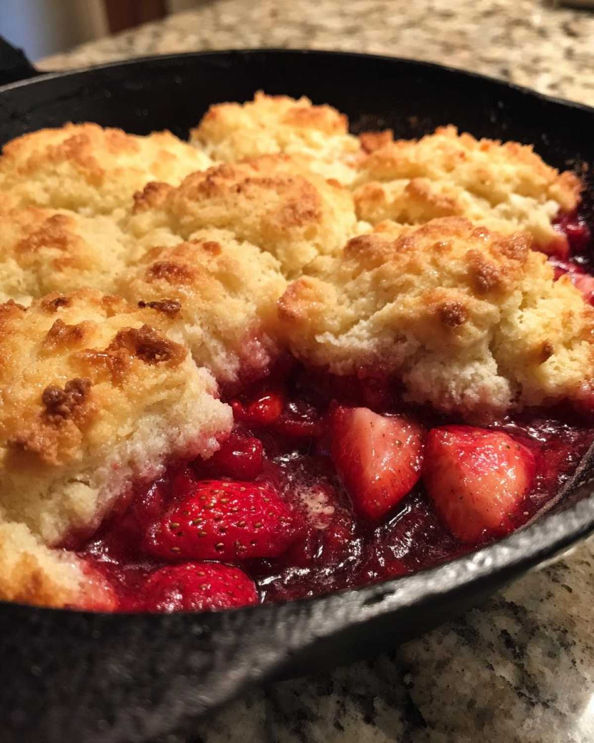 Close-up of a bubbling Fresh Strawberry Rhubarb Skillet Cobbler in a cast iron pan with golden biscuits.