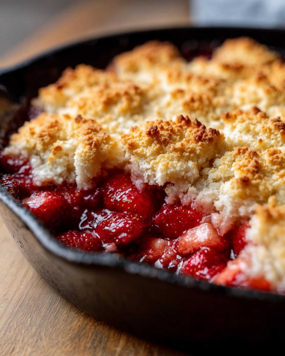 Close-up of bubbling, juicy strawberries topped with golden, crumbly topping in a Fresh Strawberry Rhubarb Skillet Cobbler.